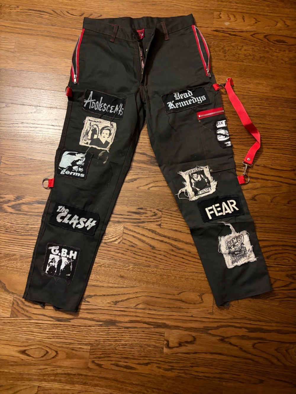 Bondage Dog Pile punk vintage Pants with Red Trim and Patch Details